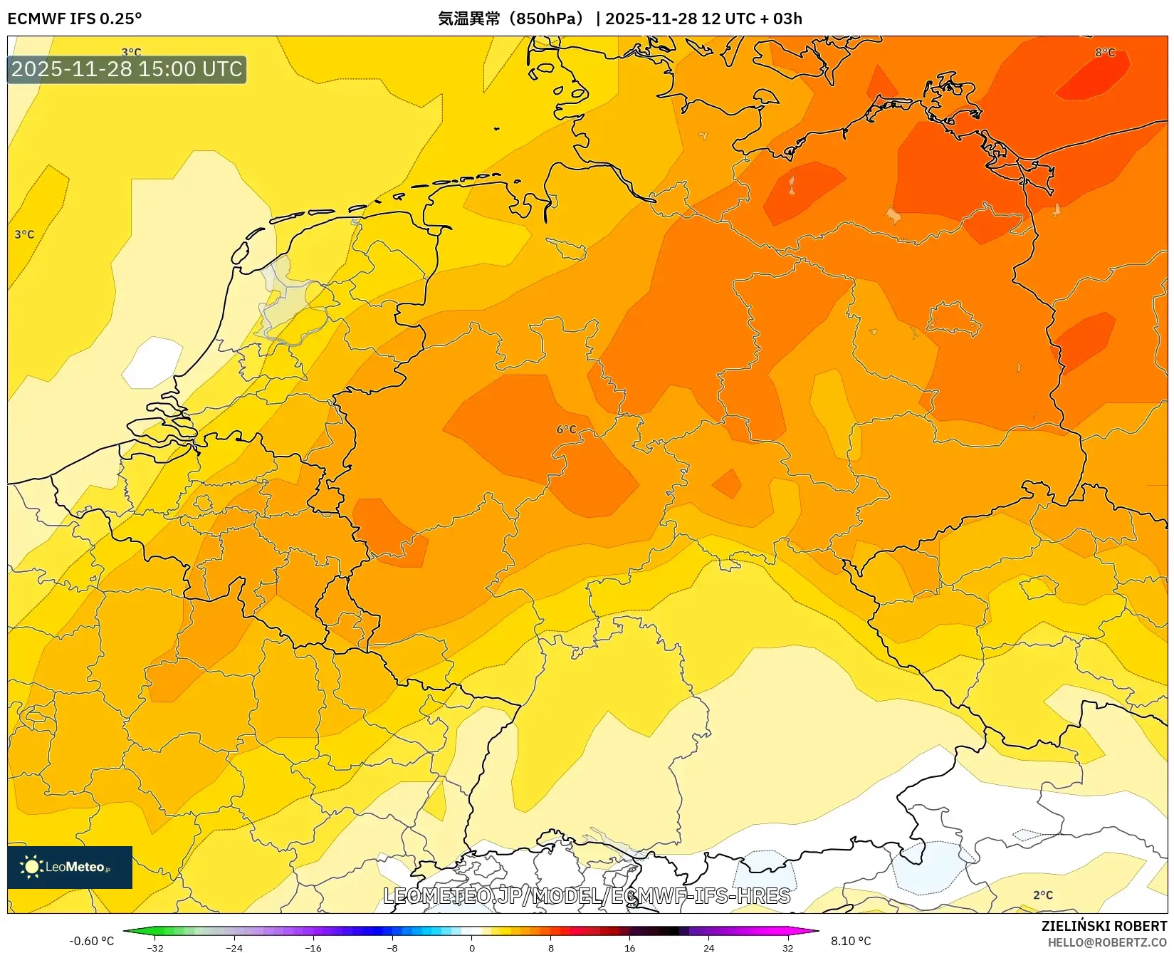 ECMWF IFS 0.25° model - ドイツ, 気温異常（850hPa）