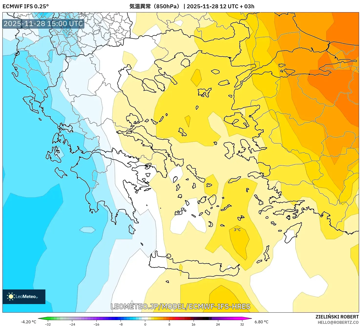 ECMWF IFS 0.25° model - ギリシャ, 気温異常（850hPa）