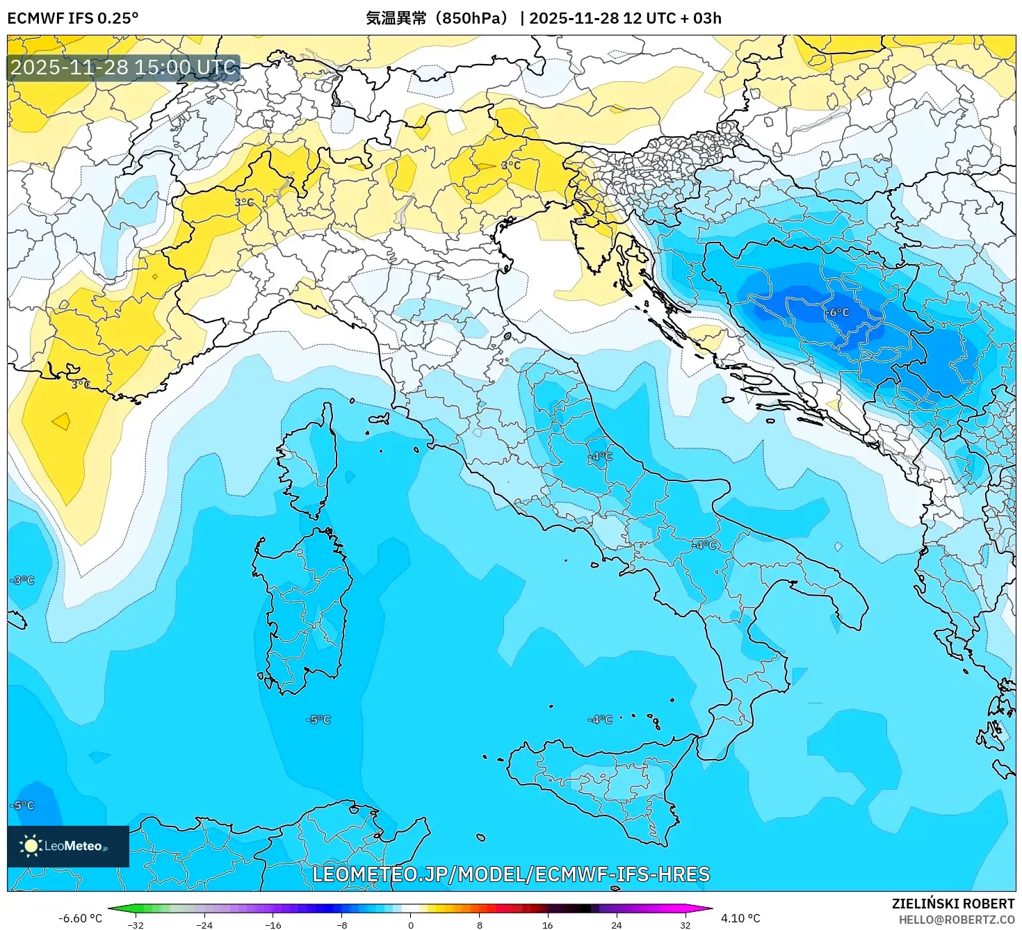 ECMWF IFS 0.25° model - イタリア, 気温異常（850hPa）
