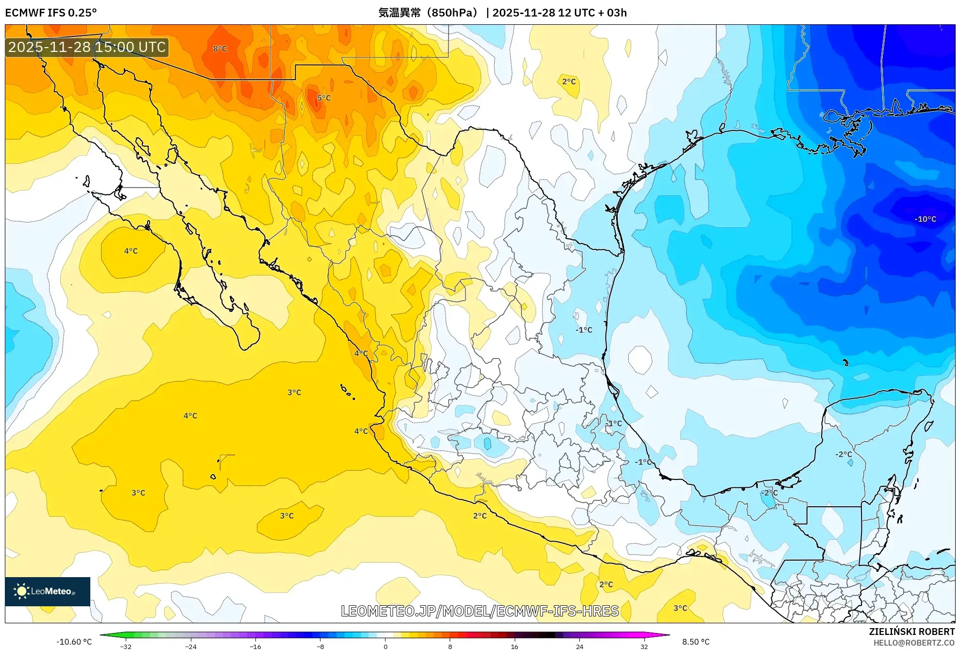 ECMWF IFS 0.25° model - メキシコ, 気温異常（850hPa）