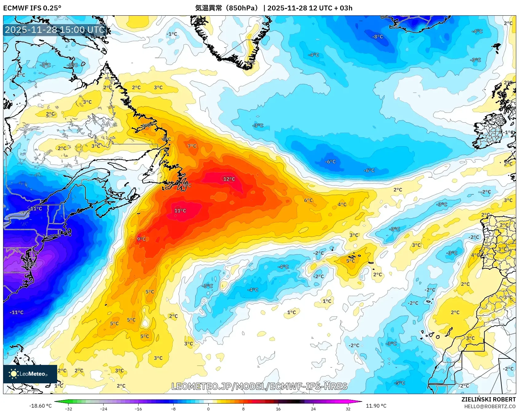 ECMWF IFS 0.25° model - 北大西洋, 気温異常（850hPa）