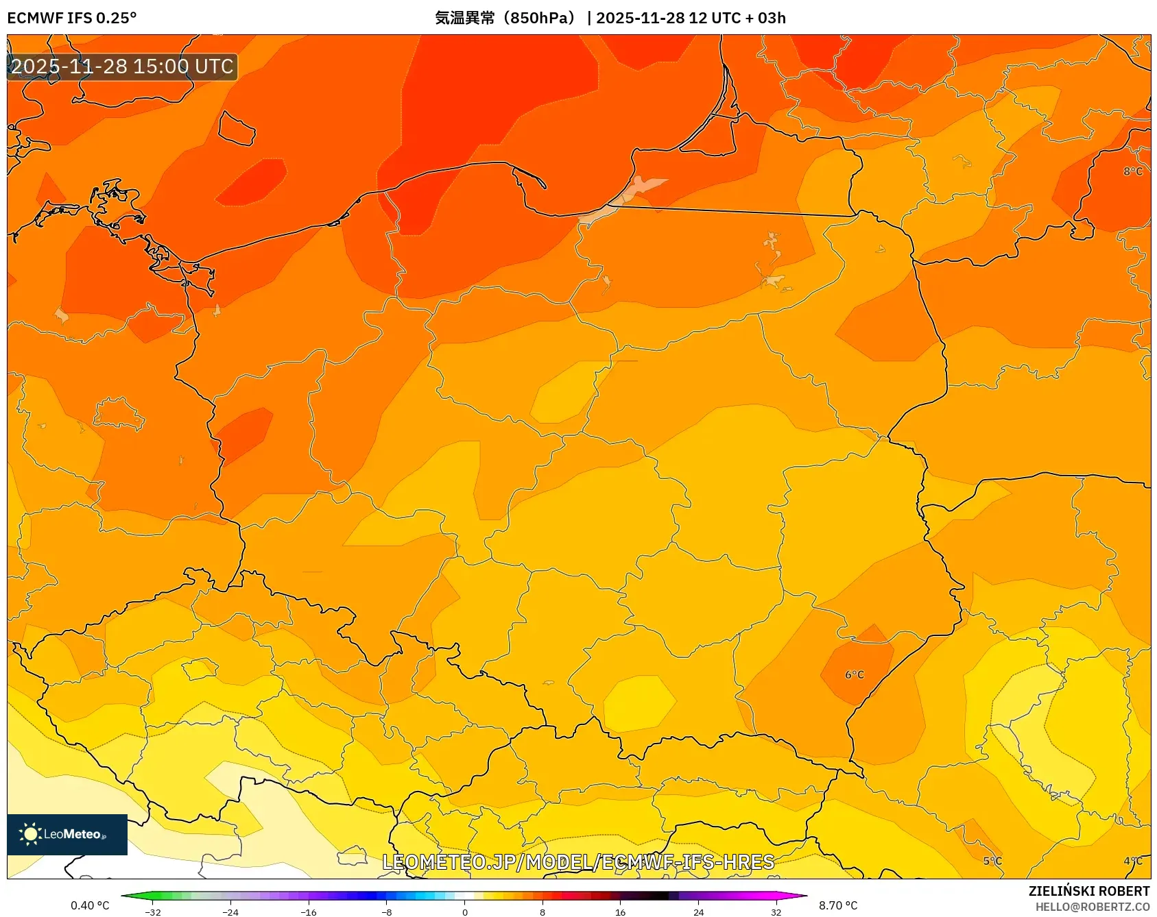 ECMWF IFS 0.25° model - ポーランド, 気温異常（850hPa）