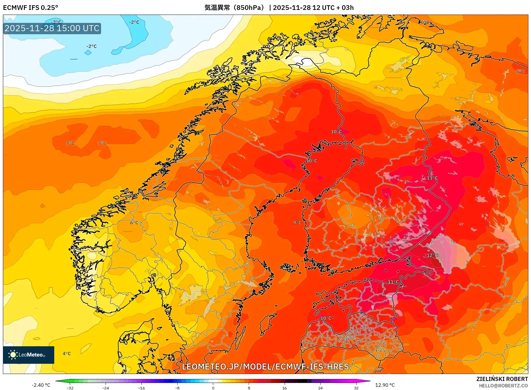 ECMWF IFS 0.25° model - スカンジナビア, 気温異常（850hPa）