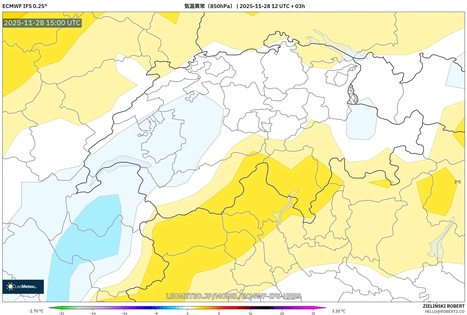 ECMWF IFS 0.25° model - スイス, 気温異常（850hPa）