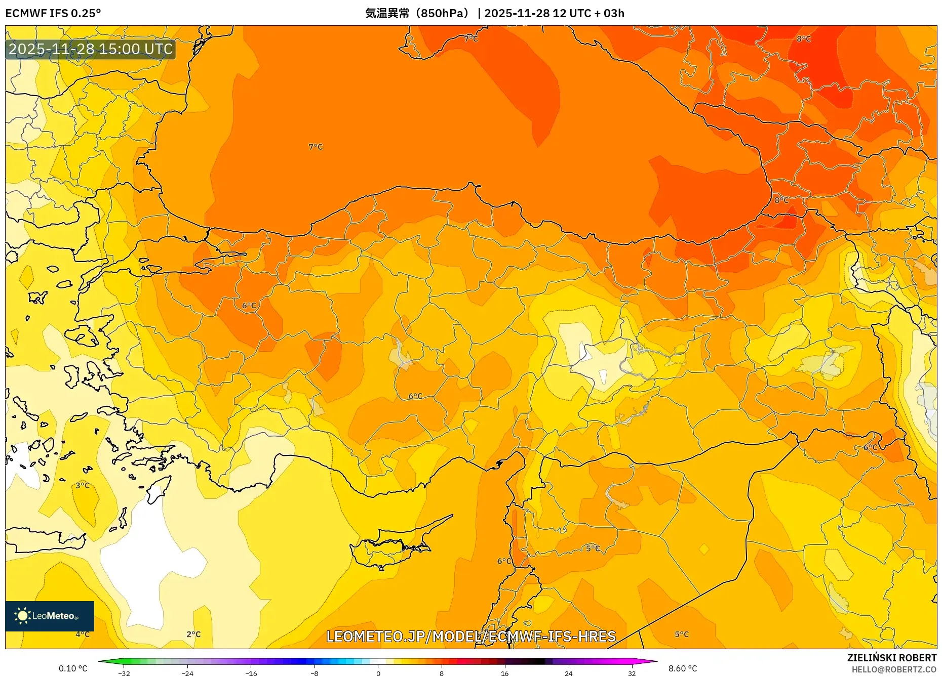 ECMWF IFS 0.25° model - トルコ, 気温異常（850hPa）