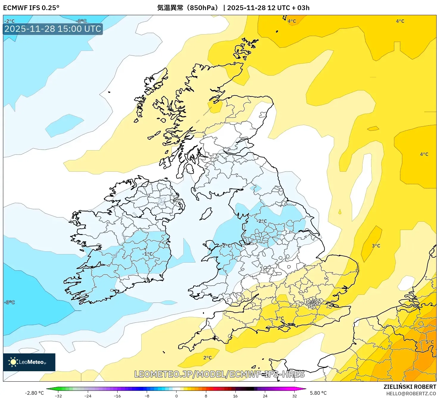 ECMWF IFS 0.25° model - イギリス, 気温異常（850hPa）