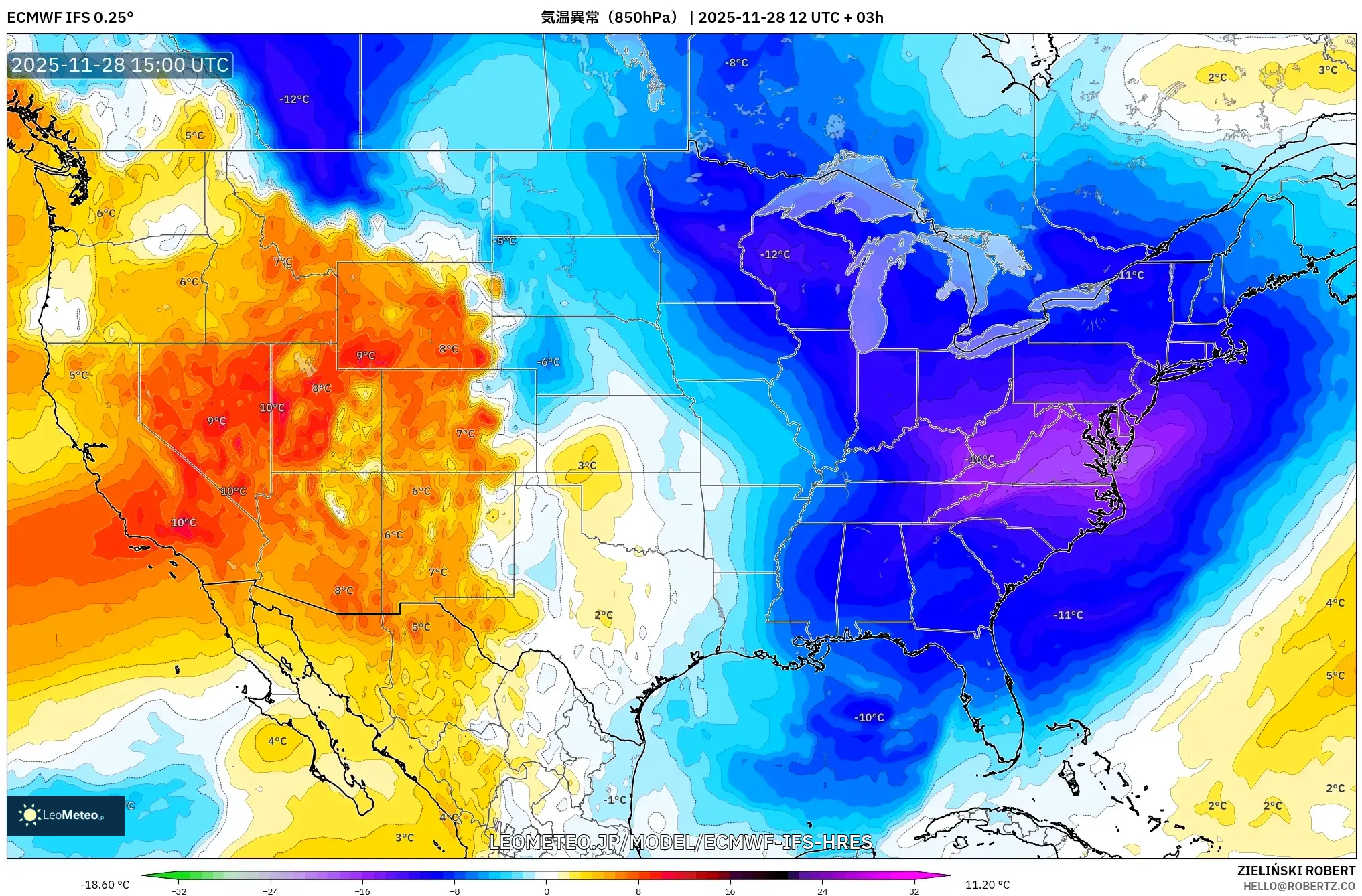 ECMWF IFS 0.25° model - アメリカ合衆国, 気温異常（850hPa）