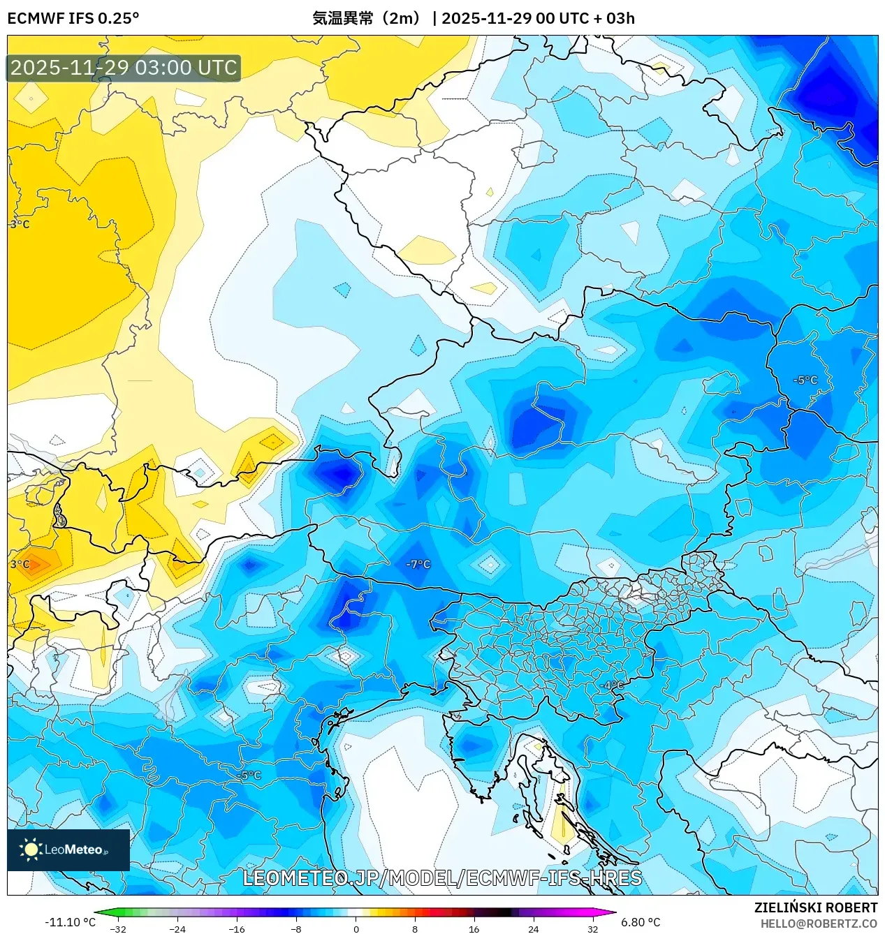 ECMWF IFS 0.25° model - オーストリア, 気温異常（2m）
