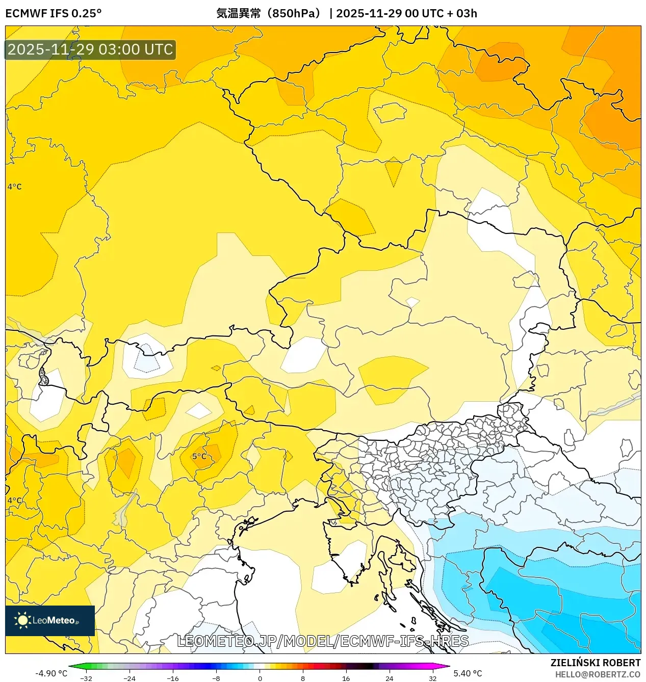 ECMWF IFS 0.25° model - オーストリア, 気温異常（850hPa）