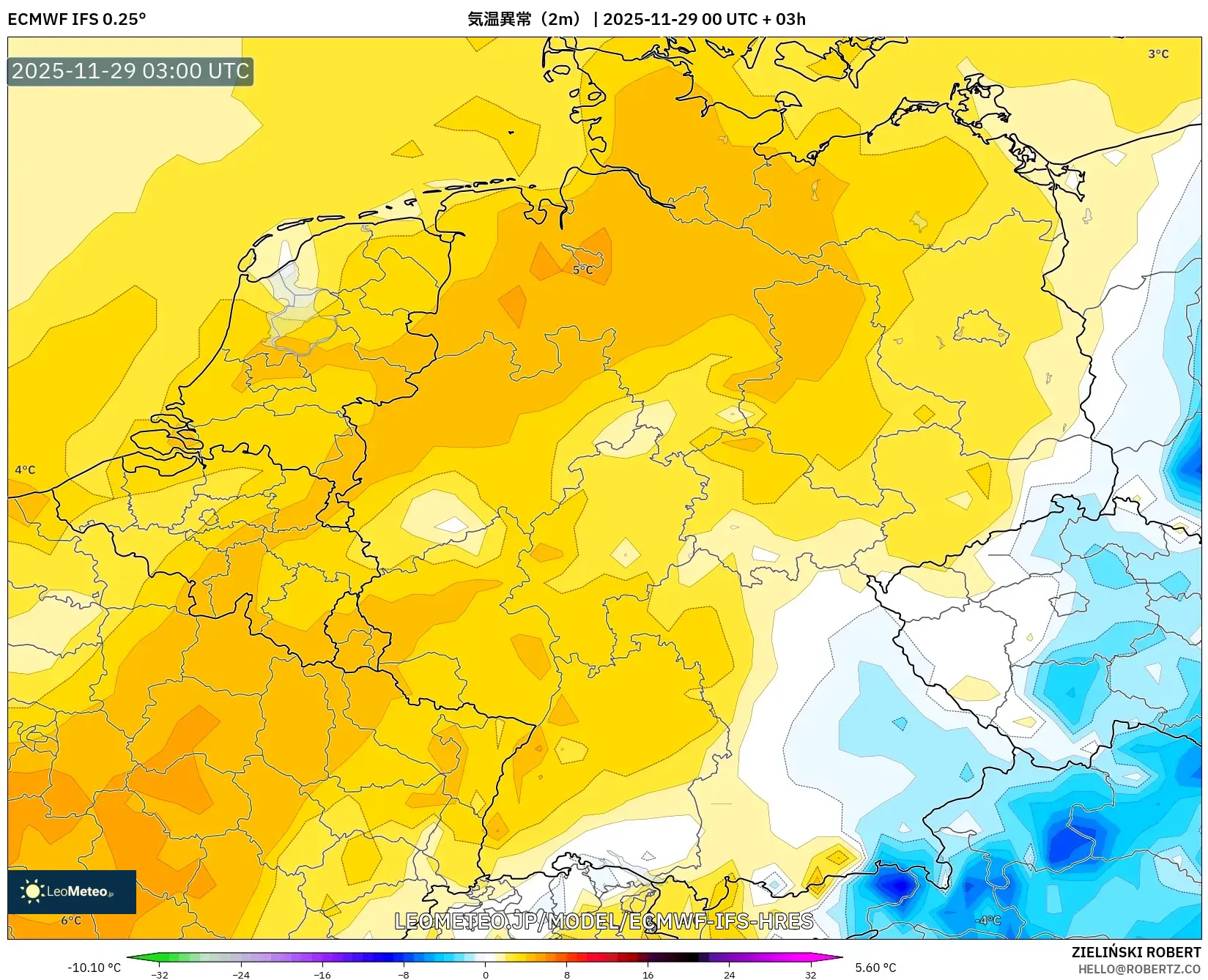 ECMWF IFS 0.25° model - ドイツ, 気温異常（2m）