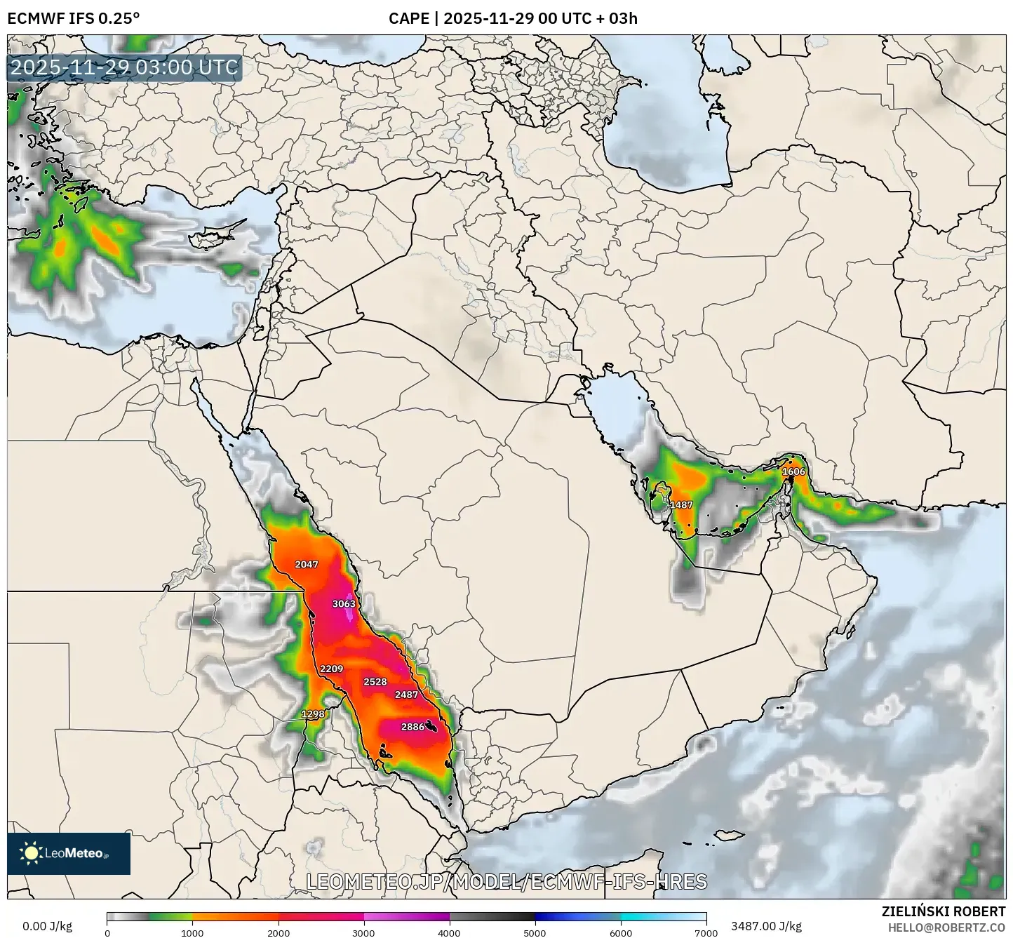 ECMWF IFS 0.25° model - 中東, CAPE
