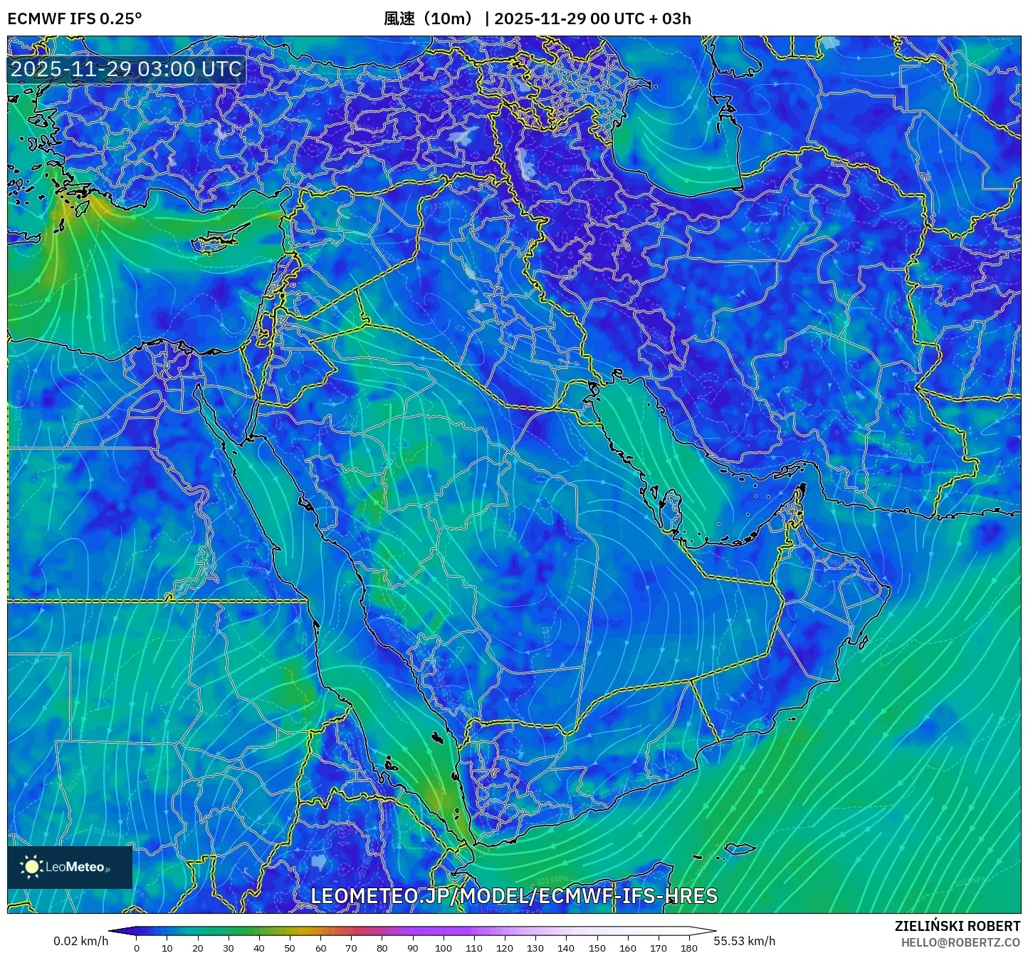 ECMWF IFS 0.25° model - 中東, 風速（10m）