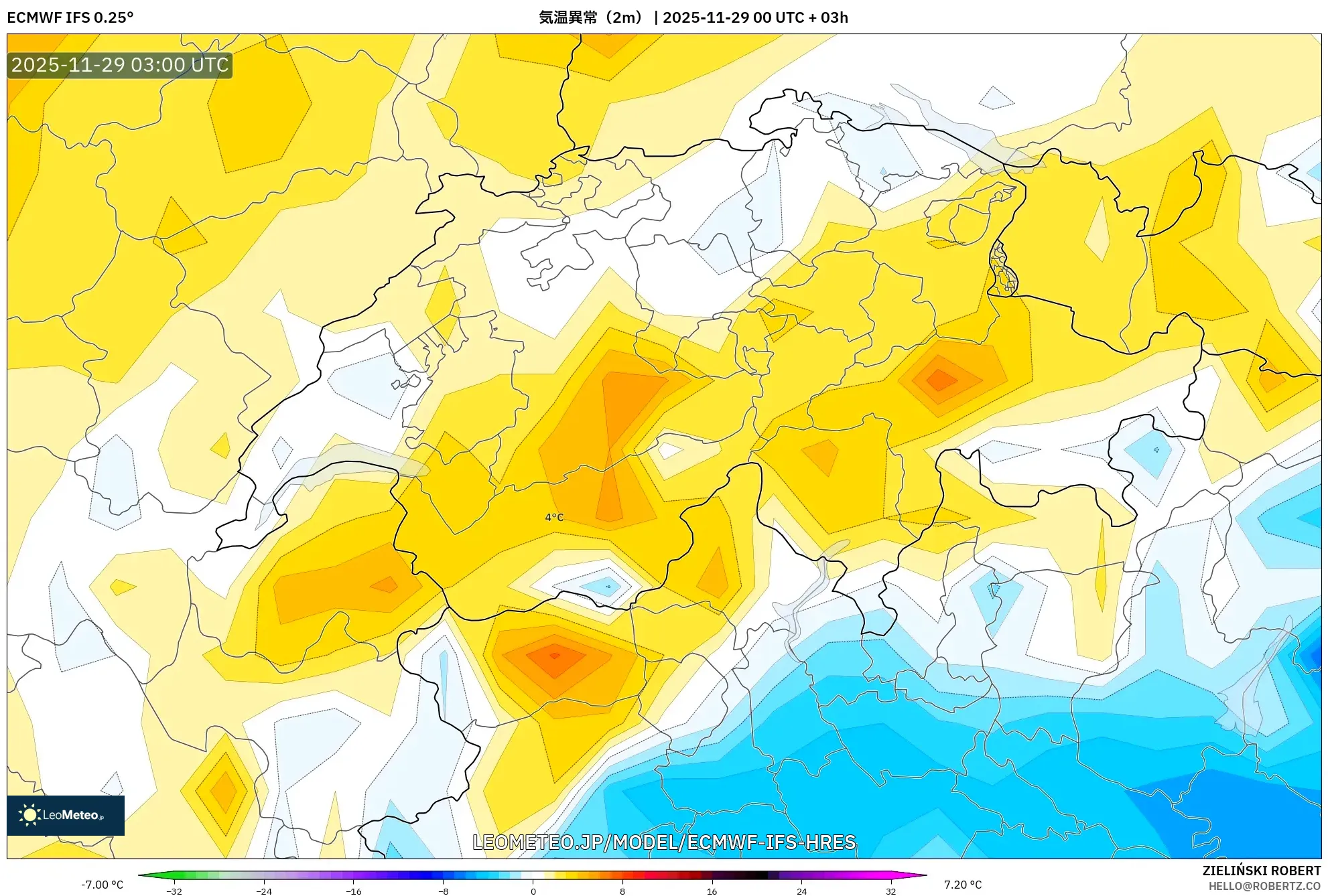 ECMWF IFS 0.25° model - スイス, 気温異常（2m）