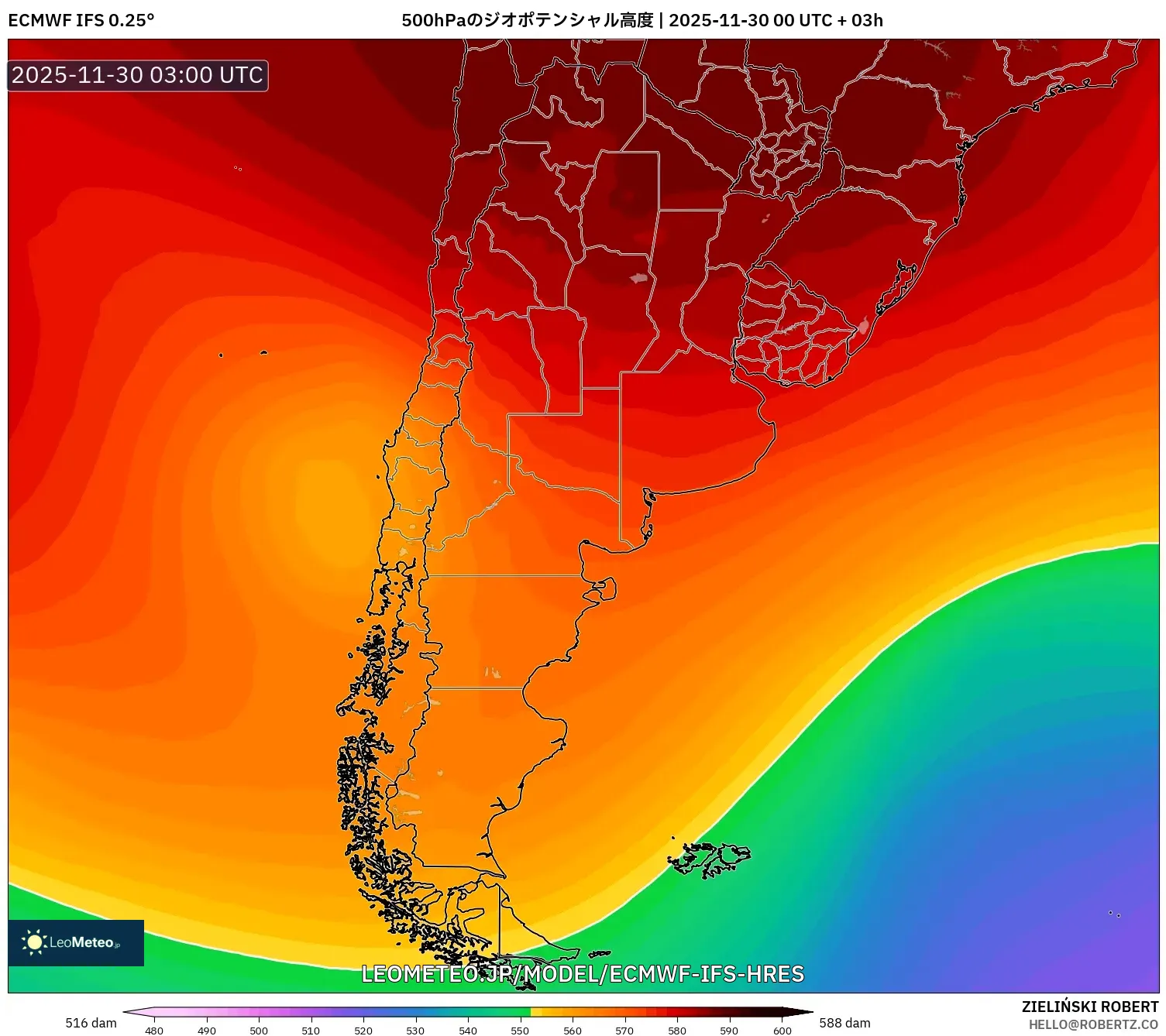ECMWF IFS 0.25° model - アルゼンチン, 500hPaのジオポテンシャル高度
