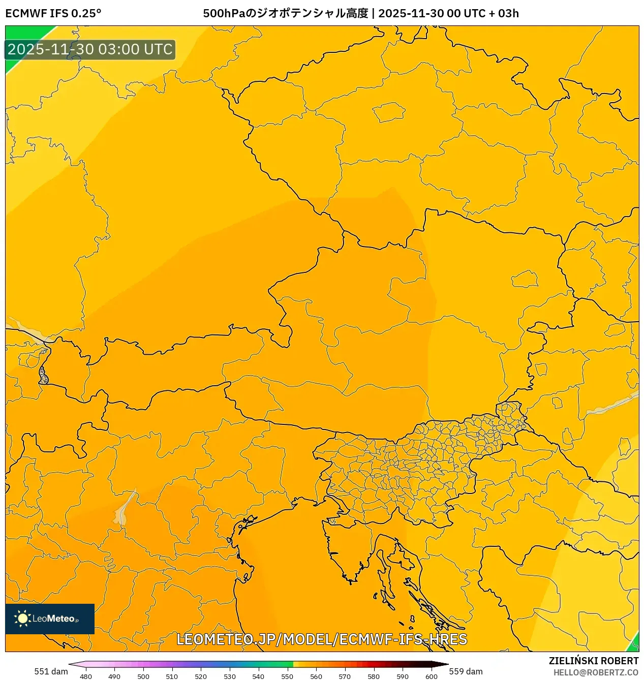 ECMWF IFS 0.25° model - オーストリア, 500hPaのジオポテンシャル高度