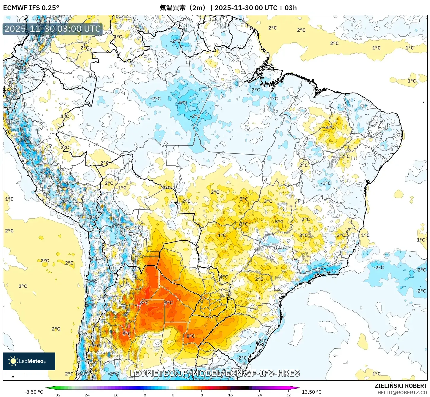 ECMWF IFS 0.25° model - ブラジル, 気温異常（2m）