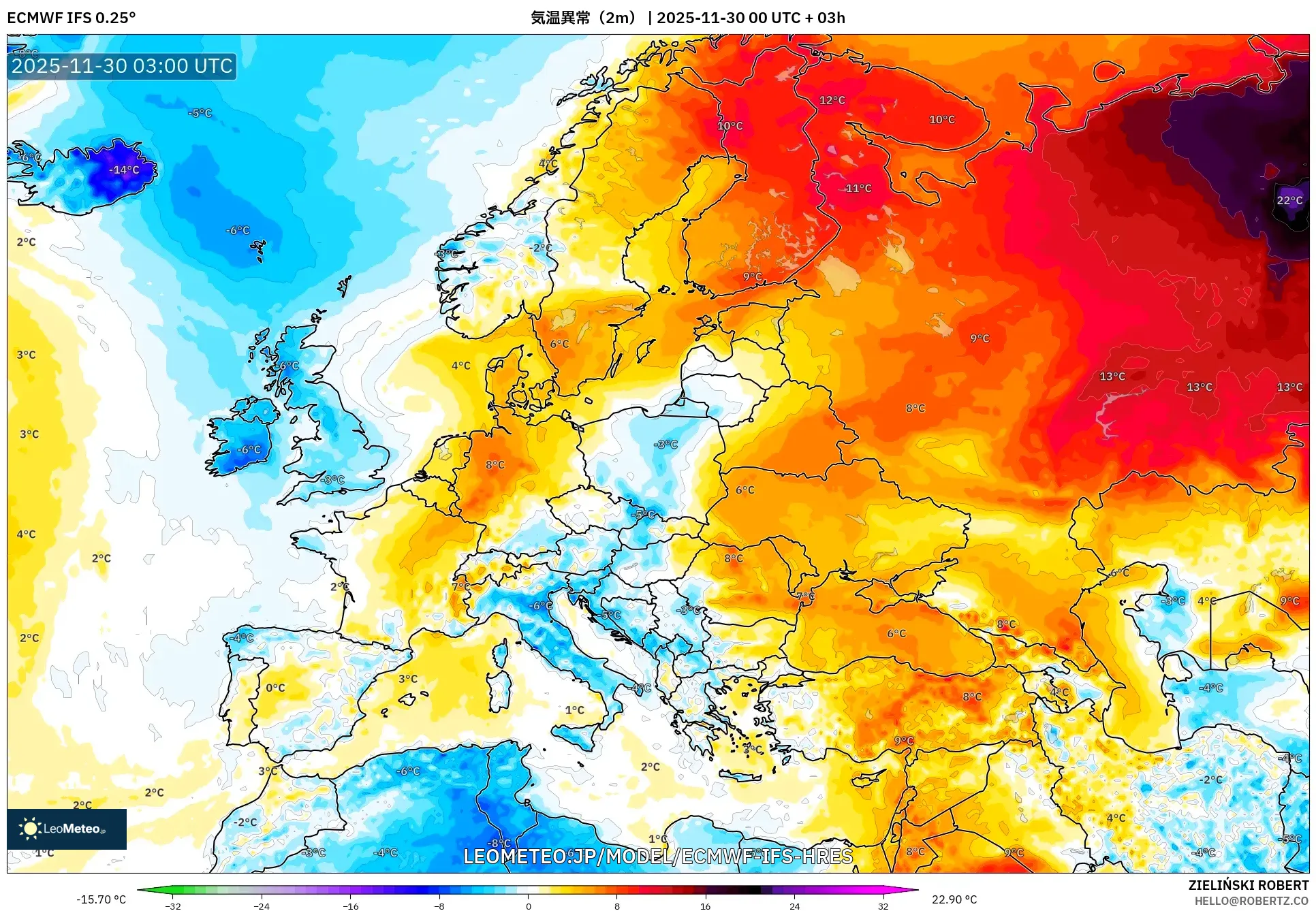 ECMWF IFS 0.25° model - ヨーロッパ, 気温異常（2m）