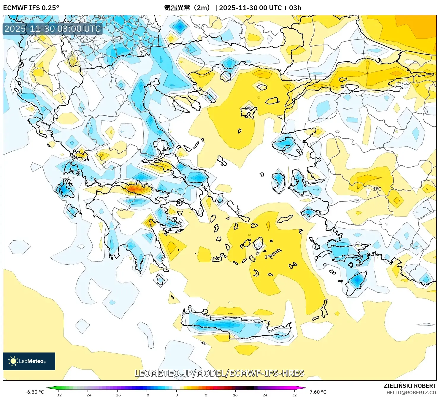 ECMWF IFS 0.25° model - ギリシャ, 気温異常（2m）