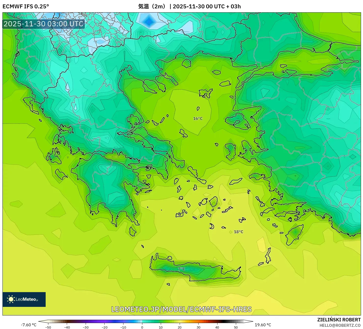ECMWF IFS 0.25° model - ギリシャ, 気温（2m）
