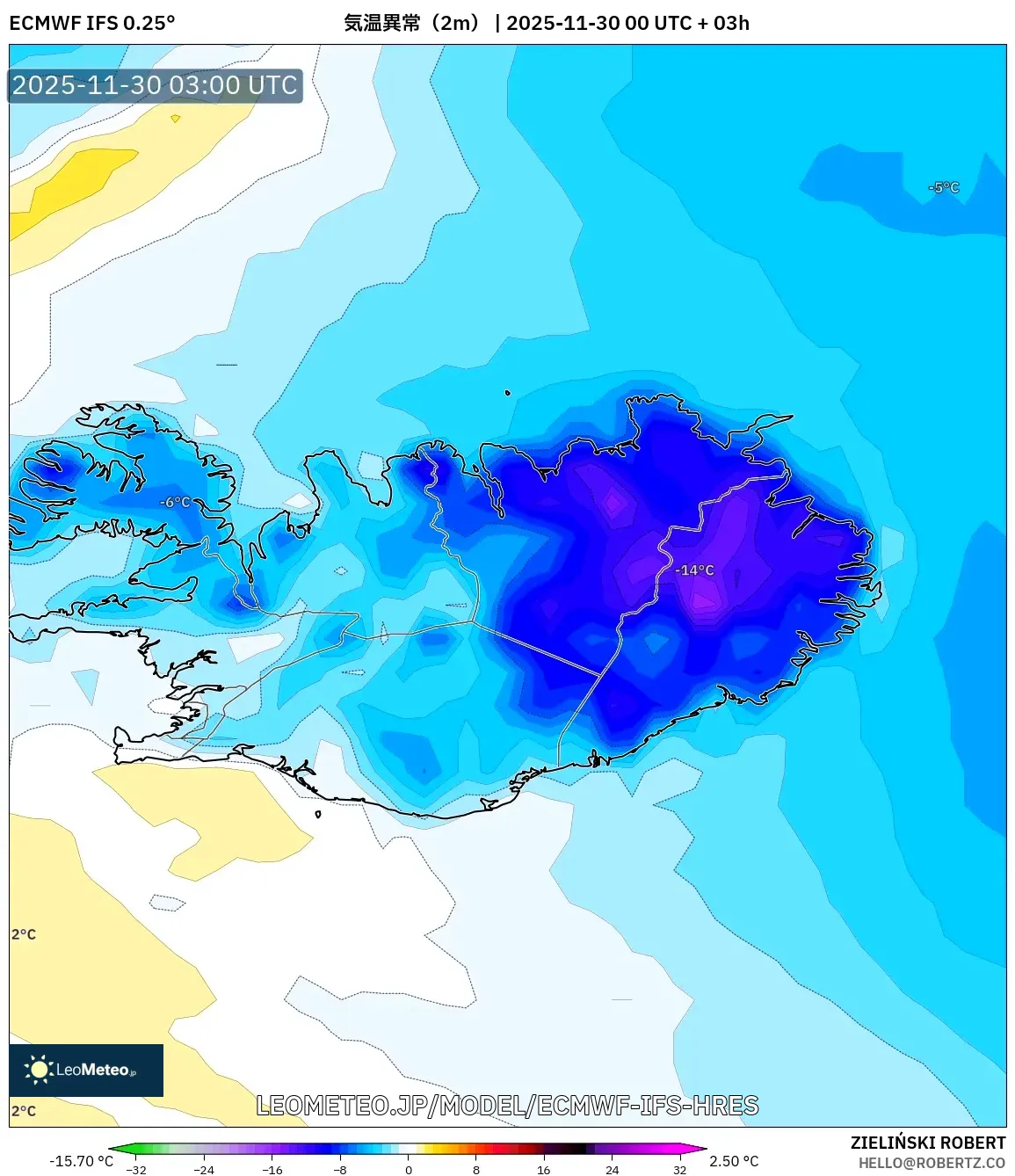 ECMWF IFS 0.25° model - アイスランド, 気温異常（2m）