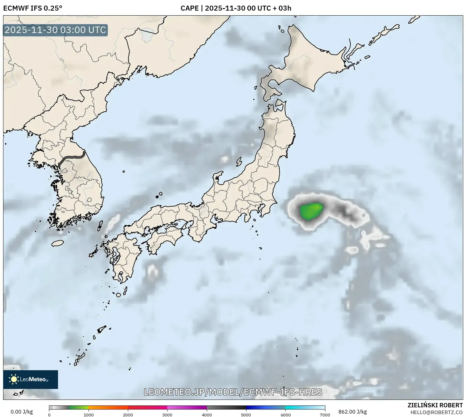ECMWF IFS 0.25° model - 日本, CAPE