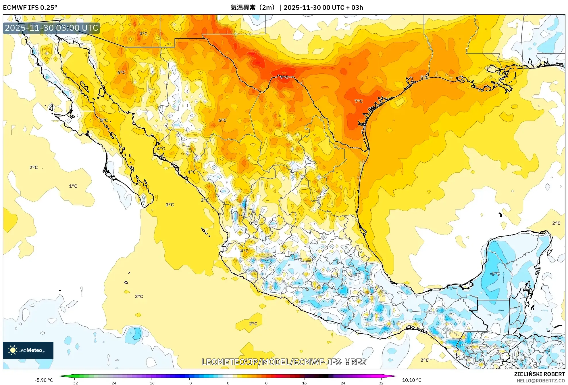 ECMWF IFS 0.25° model - メキシコ, 気温異常（2m）