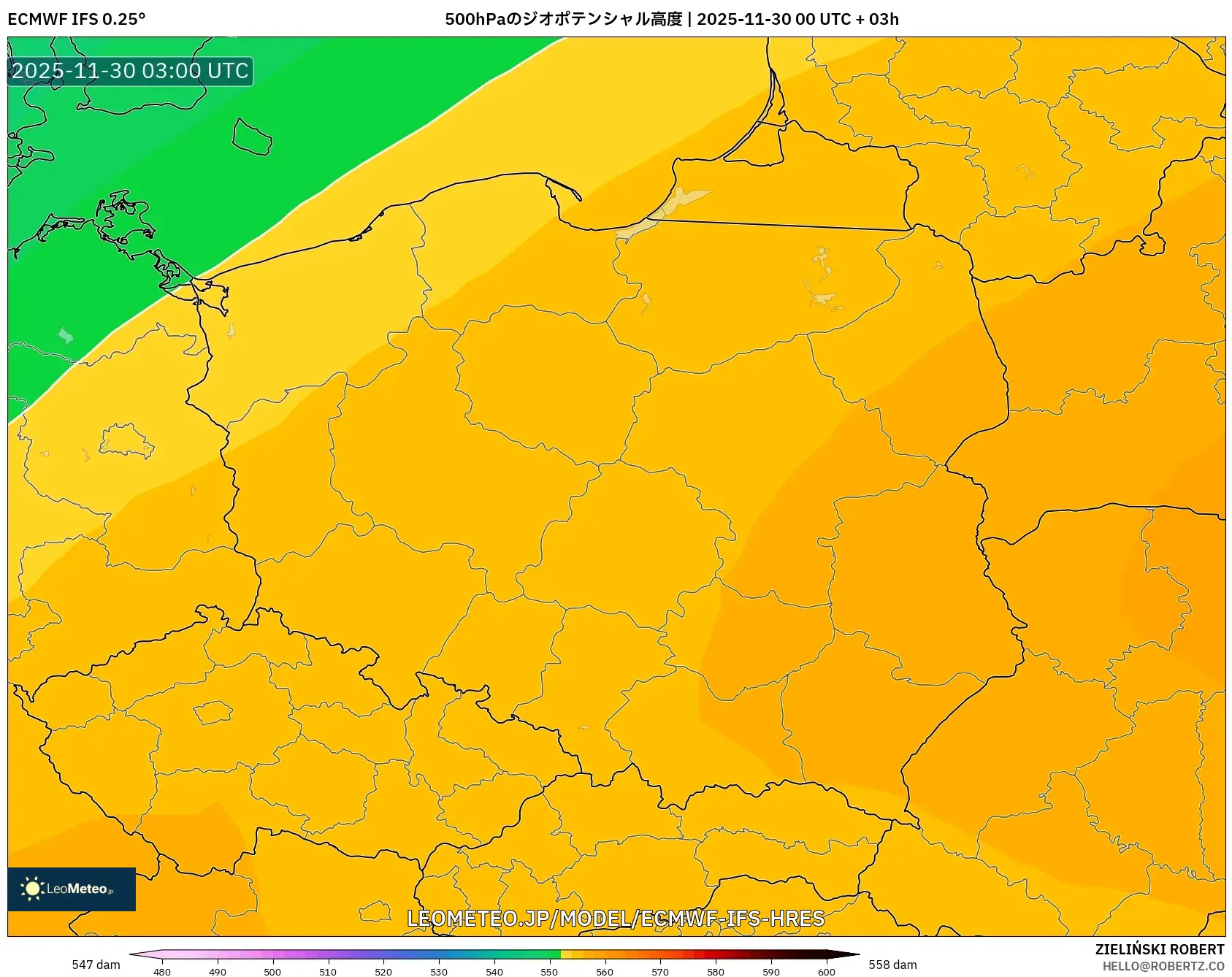 ECMWF IFS 0.25° model - ポーランド, 500hPaのジオポテンシャル高度