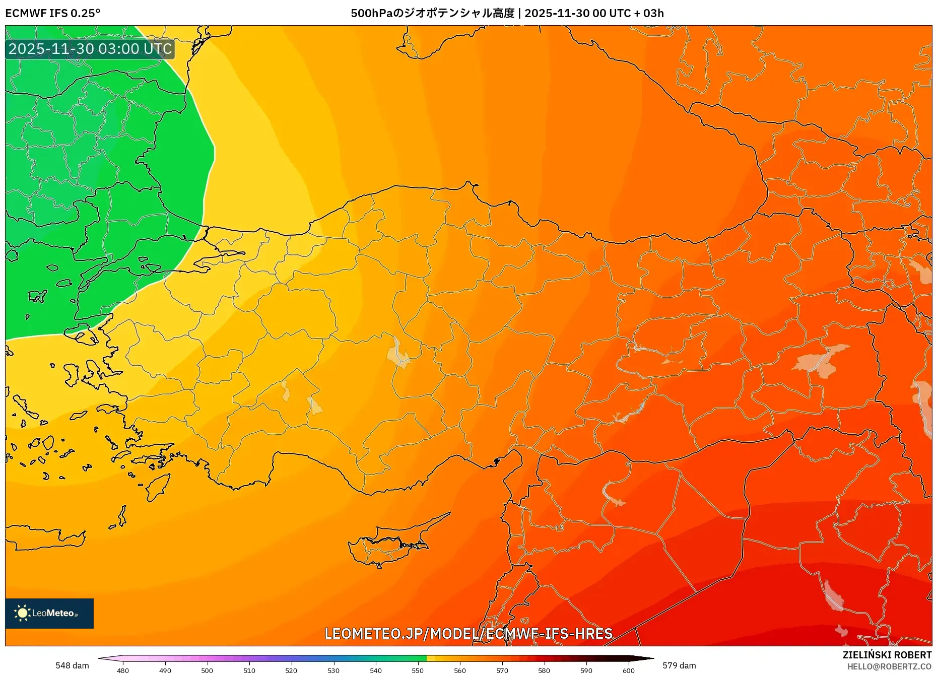 ECMWF IFS 0.25° model - トルコ, 500hPaのジオポテンシャル高度