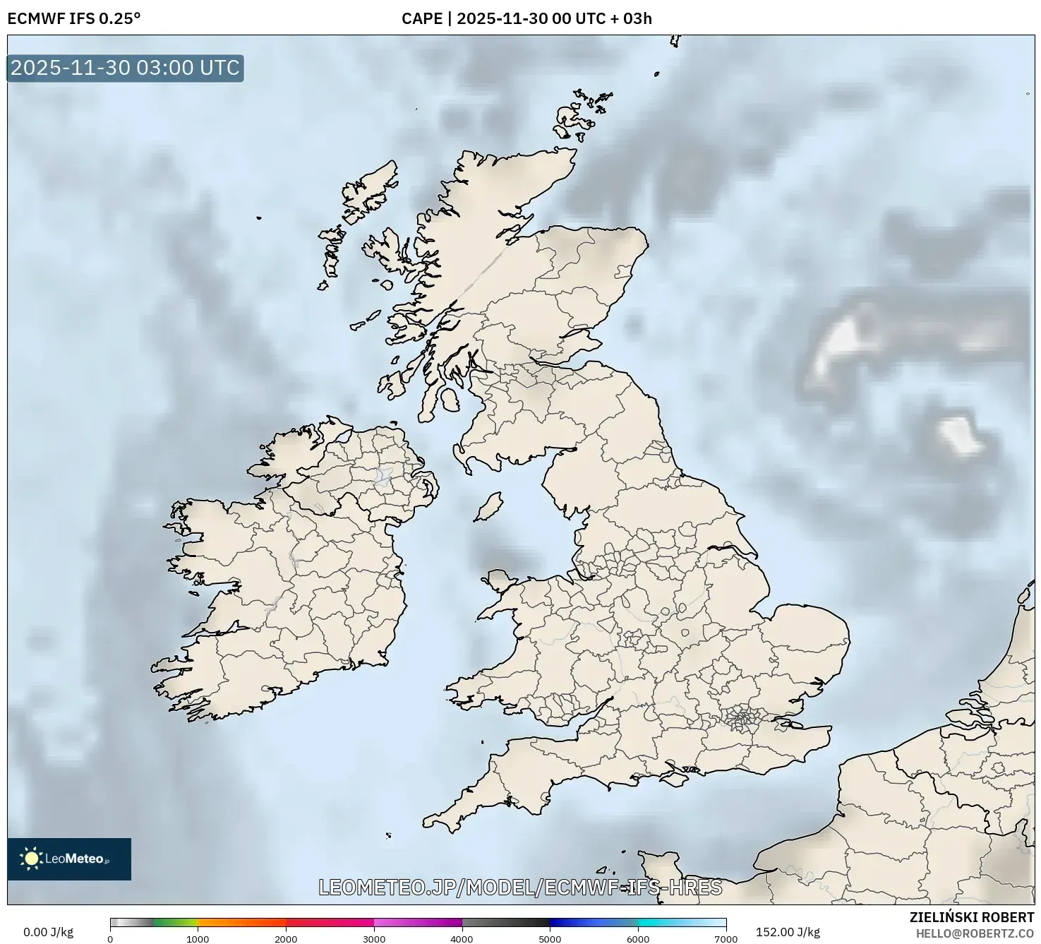 ECMWF IFS 0.25° model - イギリス, CAPE