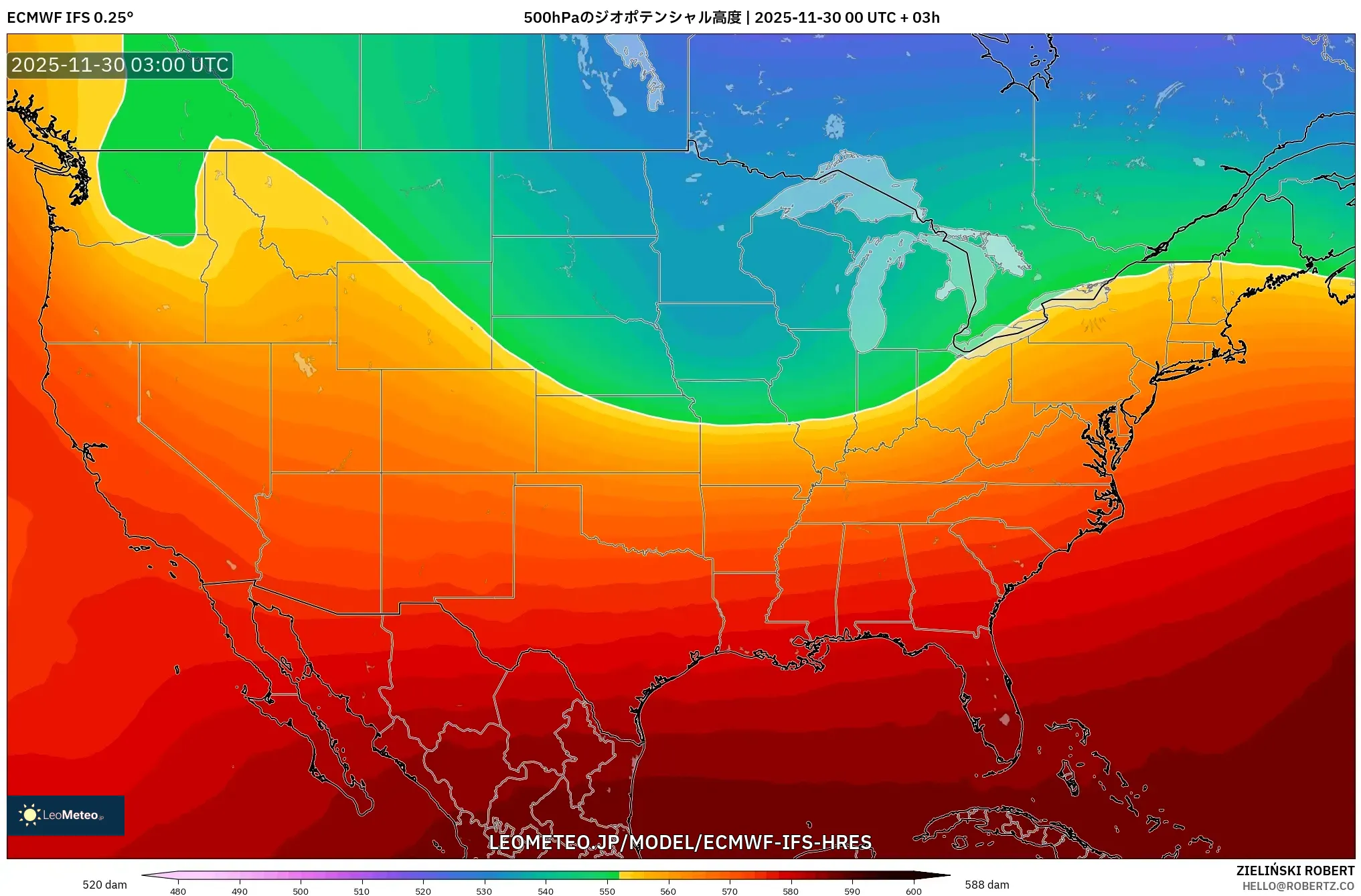 ECMWF IFS 0.25° model - アメリカ合衆国, 500hPaのジオポテンシャル高度