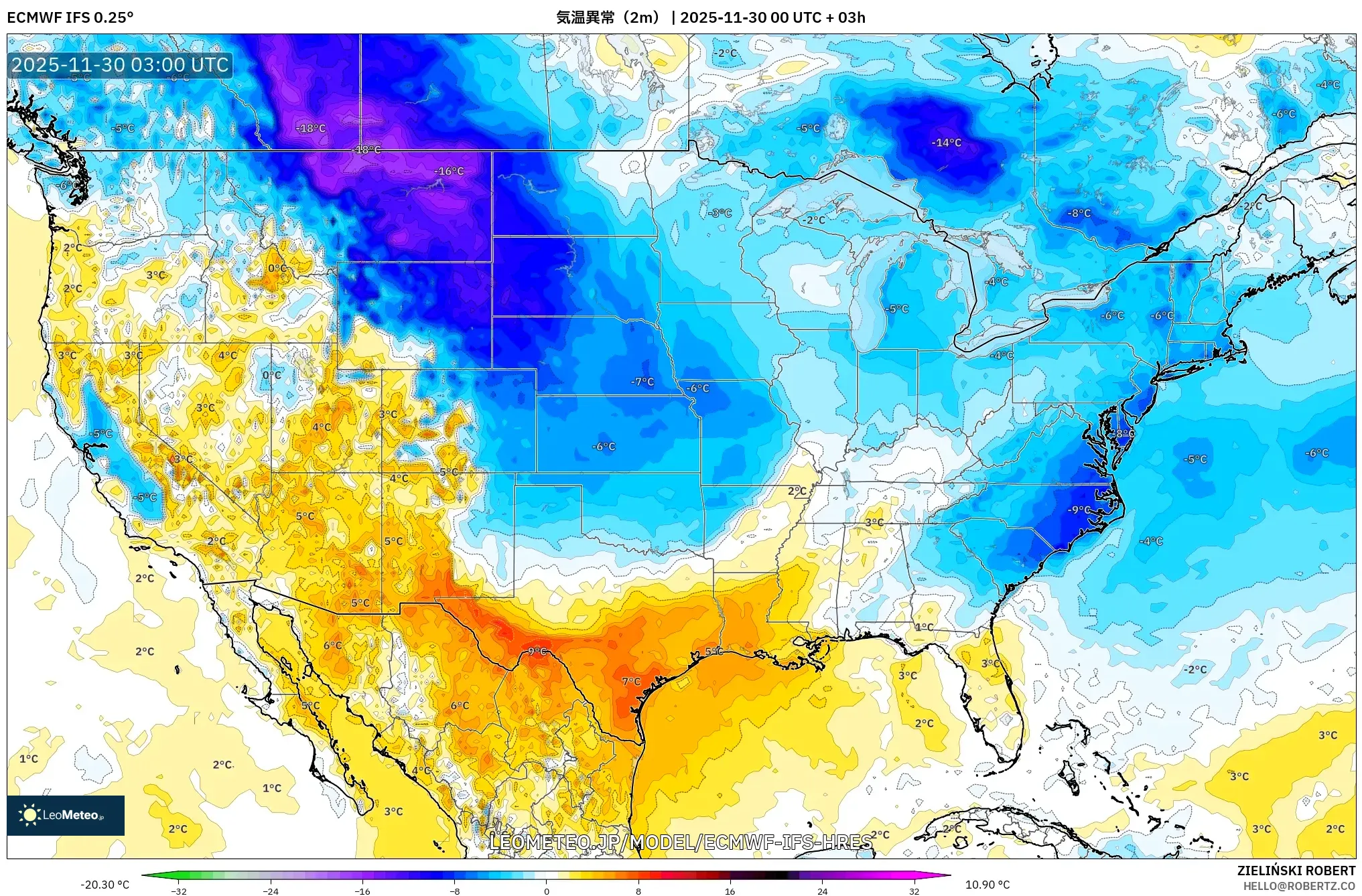 ECMWF IFS 0.25° model - アメリカ合衆国, 気温異常（2m）