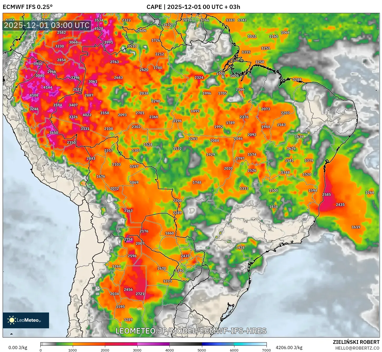 ECMWF IFS 0.25° model - ブラジル, CAPE