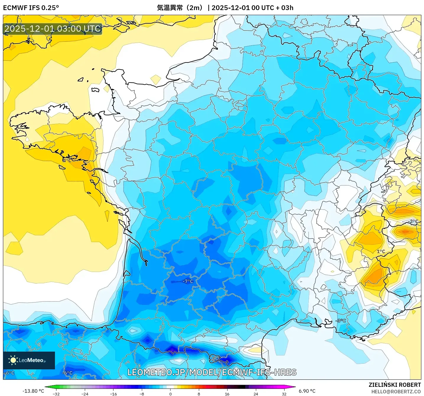 ECMWF IFS 0.25° model - フランス, 気温異常（2m）