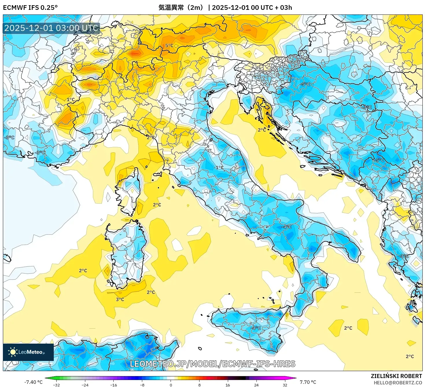 ECMWF IFS 0.25° model - イタリア, 気温異常（2m）