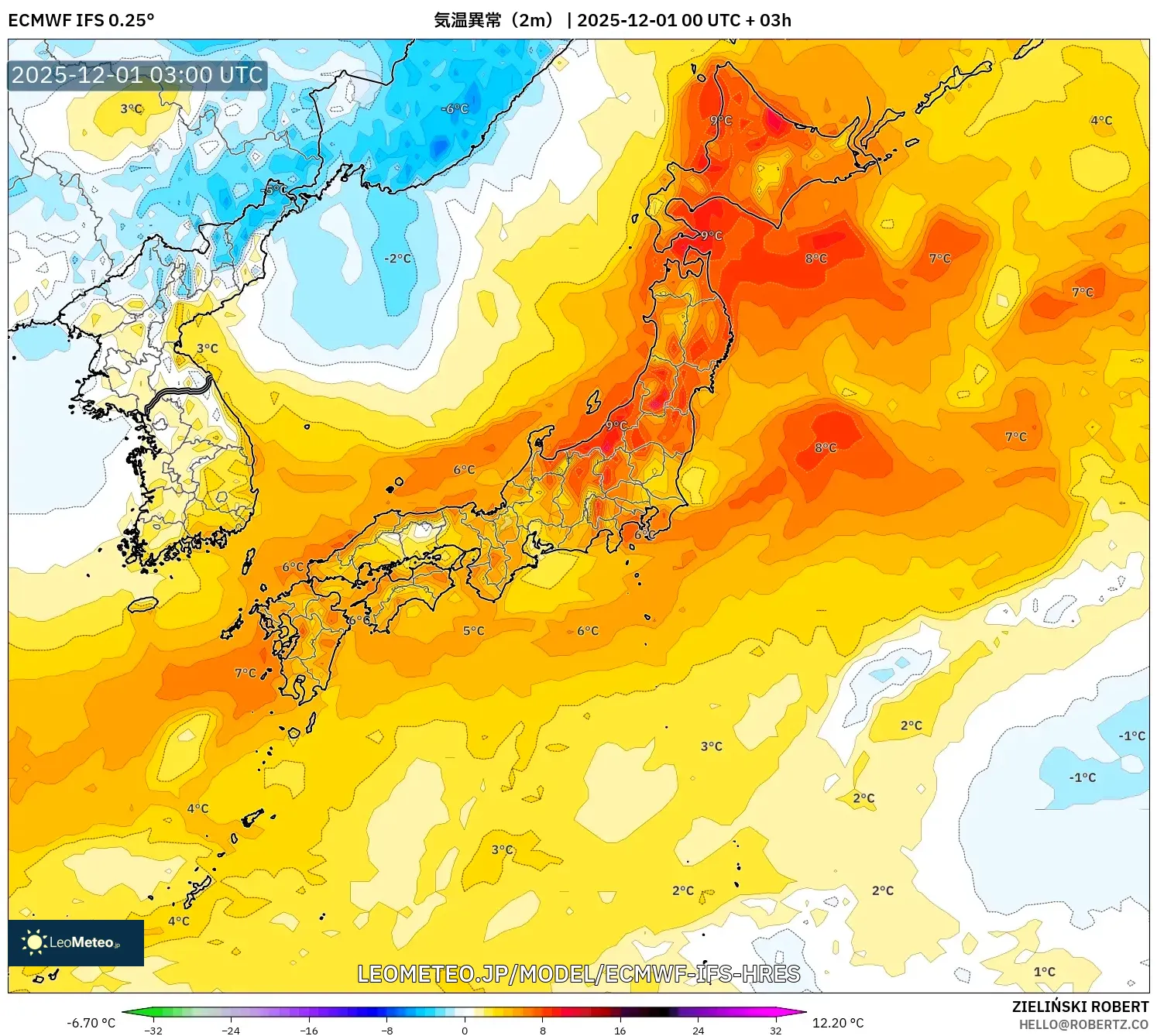ECMWF IFS 0.25° model - 日本, 気温異常（2m）
