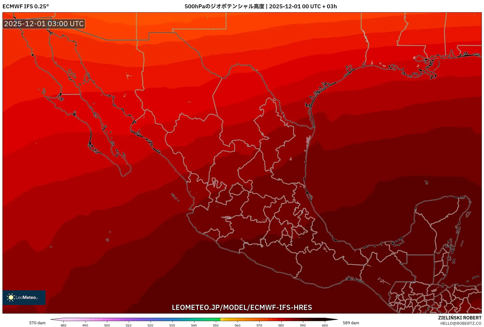 ECMWF IFS 0.25° model - メキシコ, 500hPaのジオポテンシャル高度