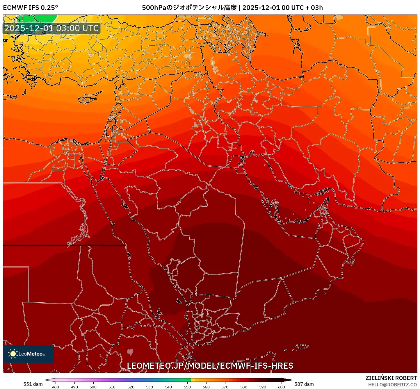 ECMWF IFS 0.25° model - 中東, 500hPaのジオポテンシャル高度