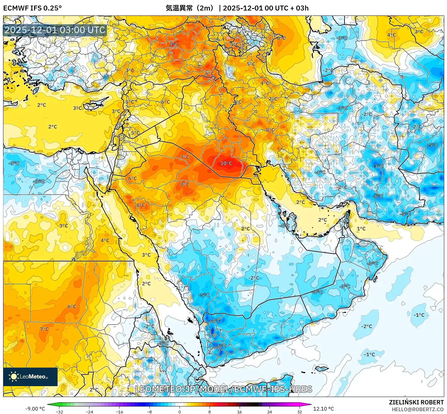 ECMWF IFS 0.25° model - 中東, 気温異常（2m）