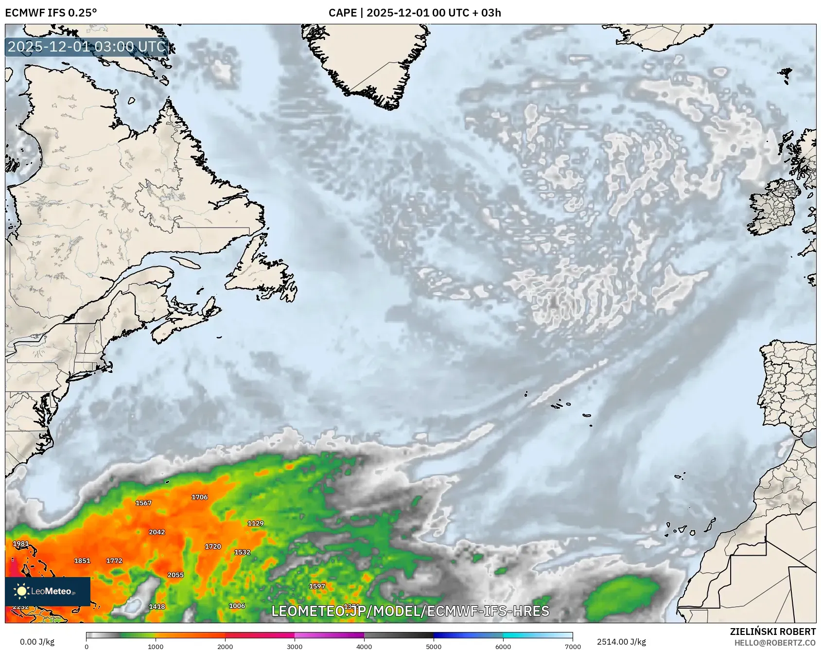 ECMWF IFS 0.25° model - 北大西洋, CAPE