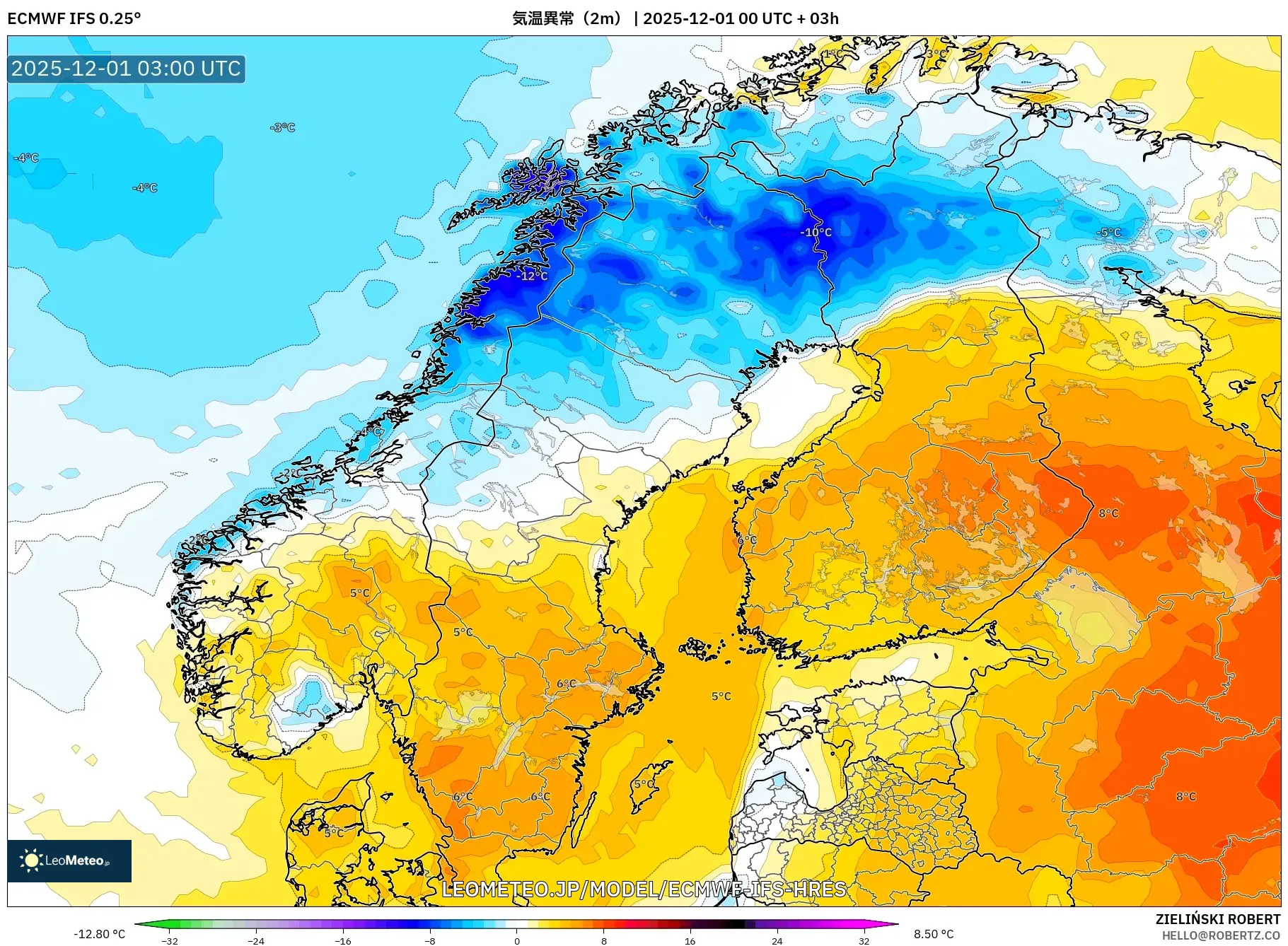 ECMWF IFS 0.25° model - スカンジナビア, 気温異常（2m）