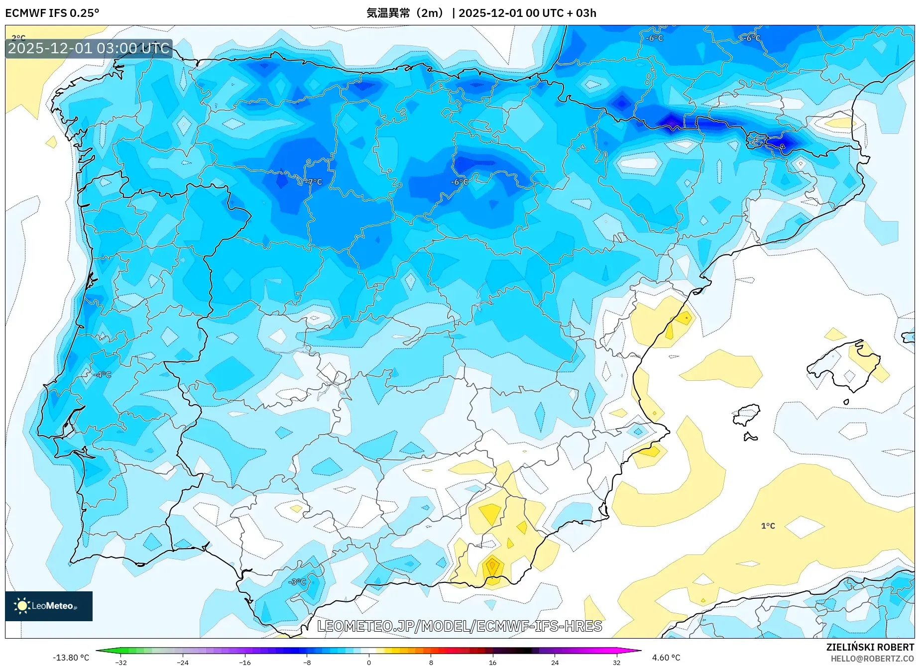 ECMWF IFS 0.25° model - スペイン, 気温異常（2m）