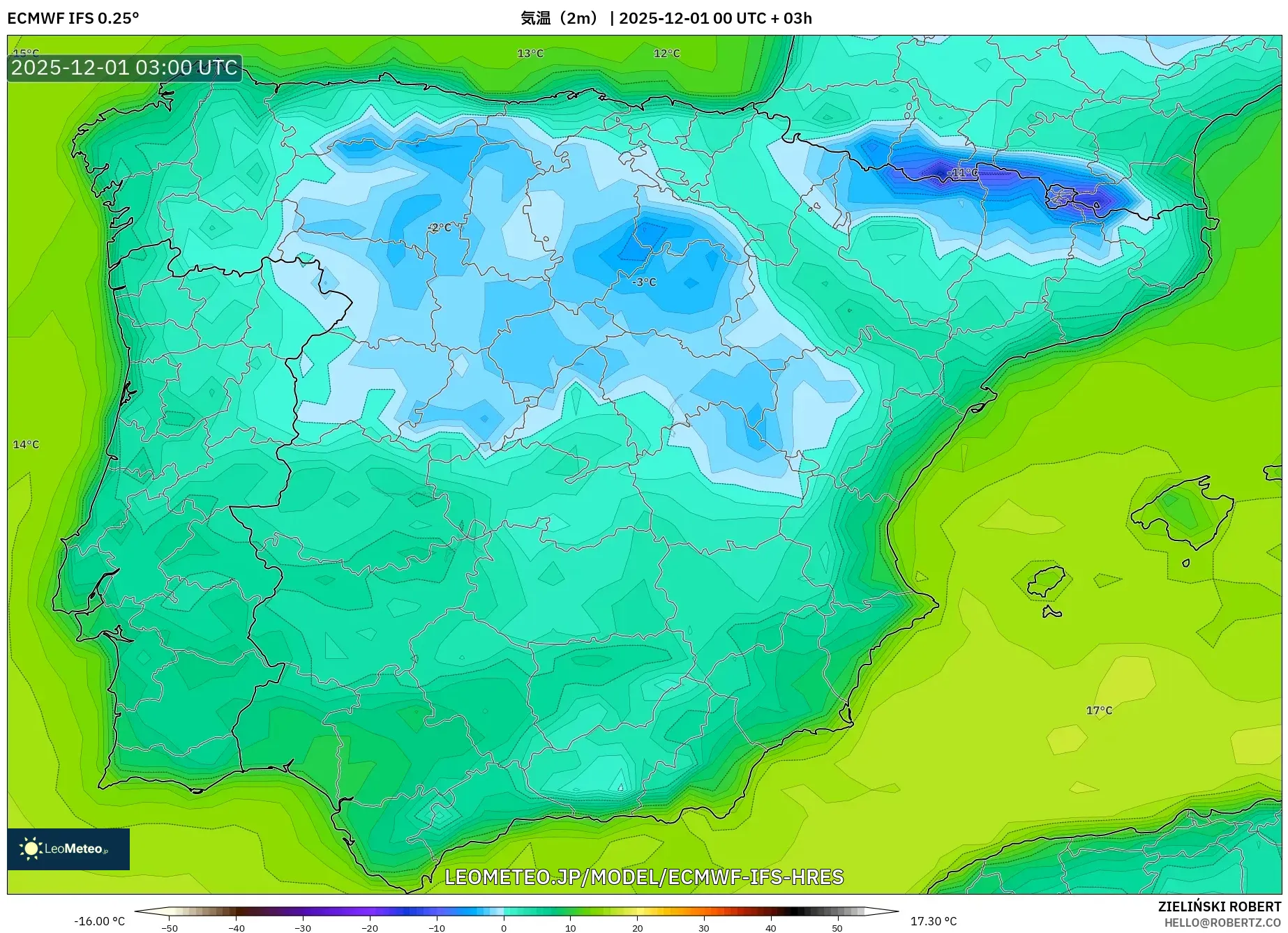 ECMWF IFS 0.25° model - スペイン, 気温（2m）