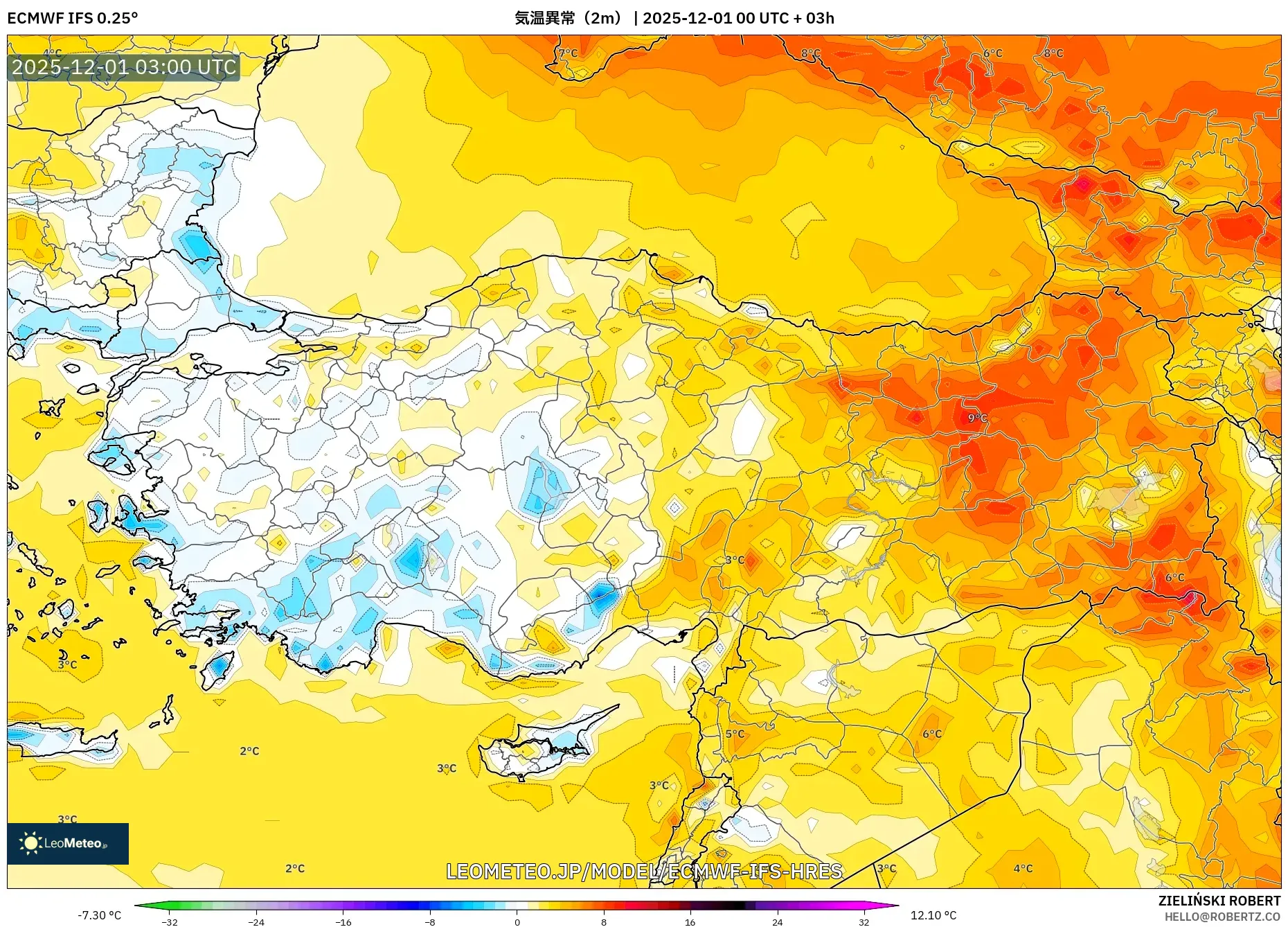 ECMWF IFS 0.25° model - トルコ, 気温異常（2m）