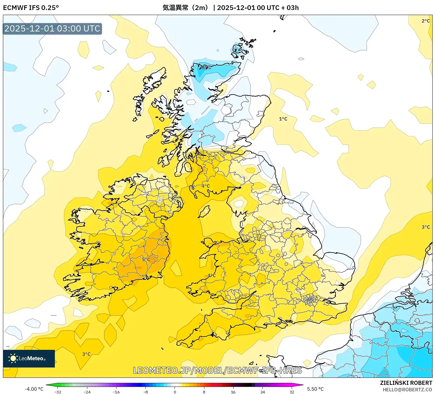 ECMWF IFS 0.25° model - イギリス, 気温異常（2m）