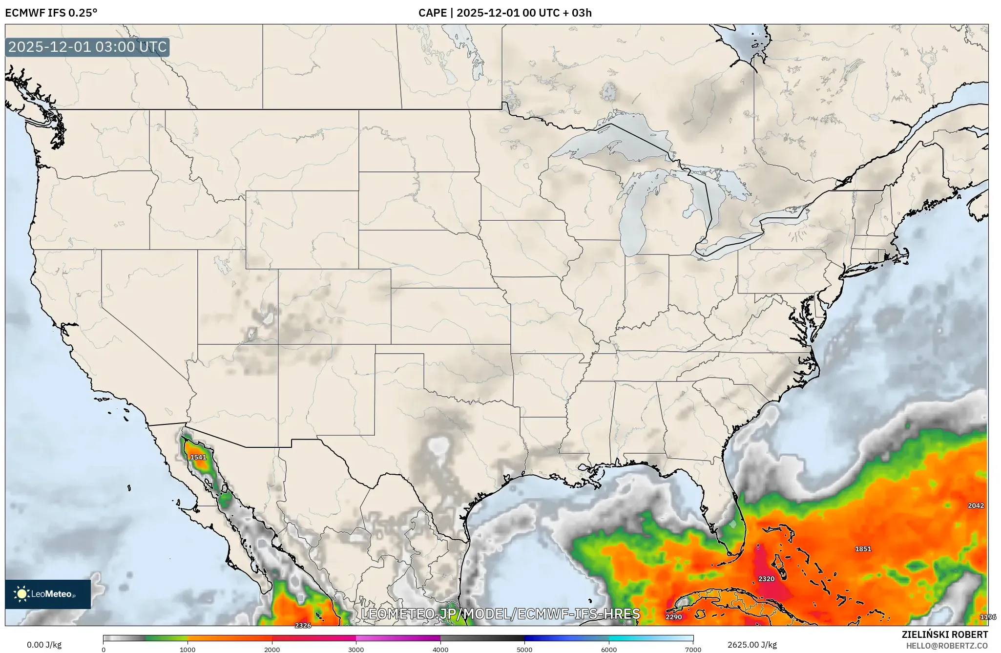 ECMWF IFS 0.25° model - アメリカ合衆国, CAPE