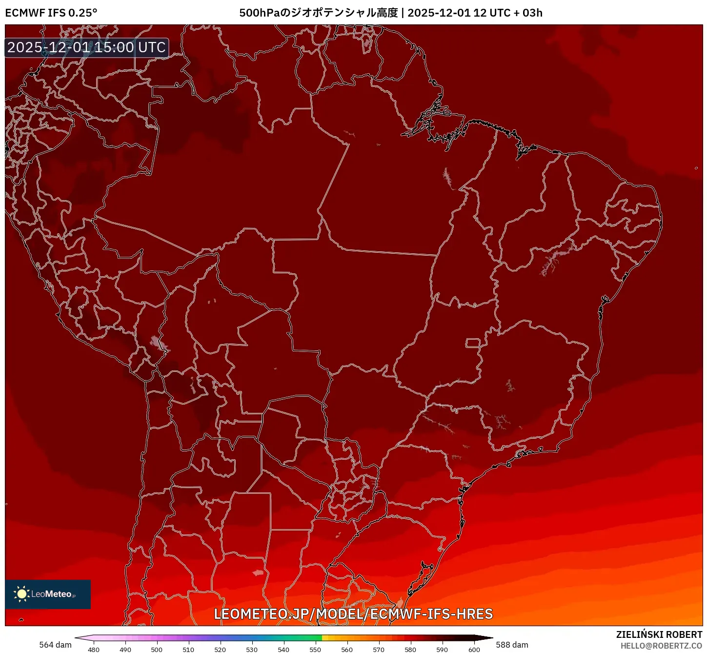 ECMWF IFS 0.25° model - ブラジル, 500hPaのジオポテンシャル高度