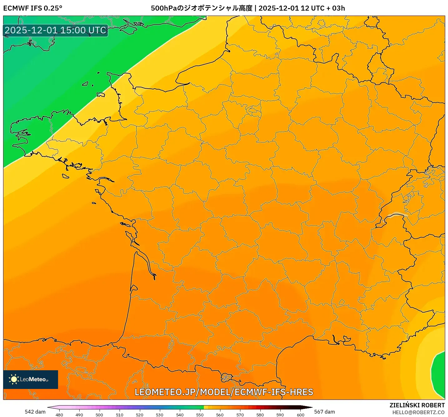 ECMWF IFS 0.25° model - フランス, 500hPaのジオポテンシャル高度