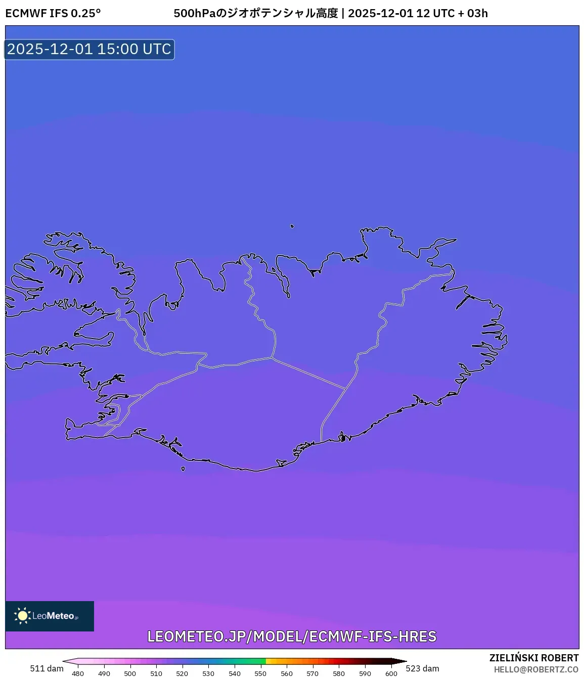 ECMWF IFS 0.25° model - アイスランド, 500hPaのジオポテンシャル高度