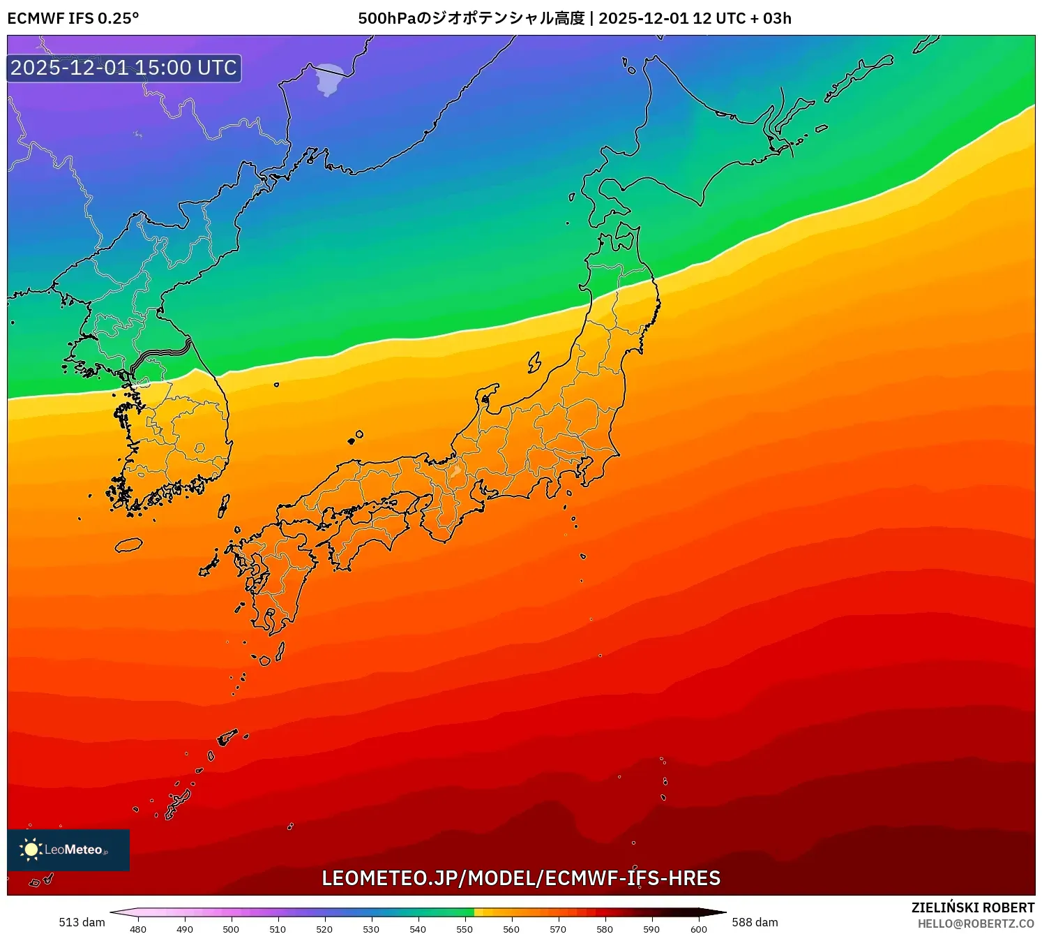 ECMWF IFS 0.25° model - 日本, 500hPaのジオポテンシャル高度