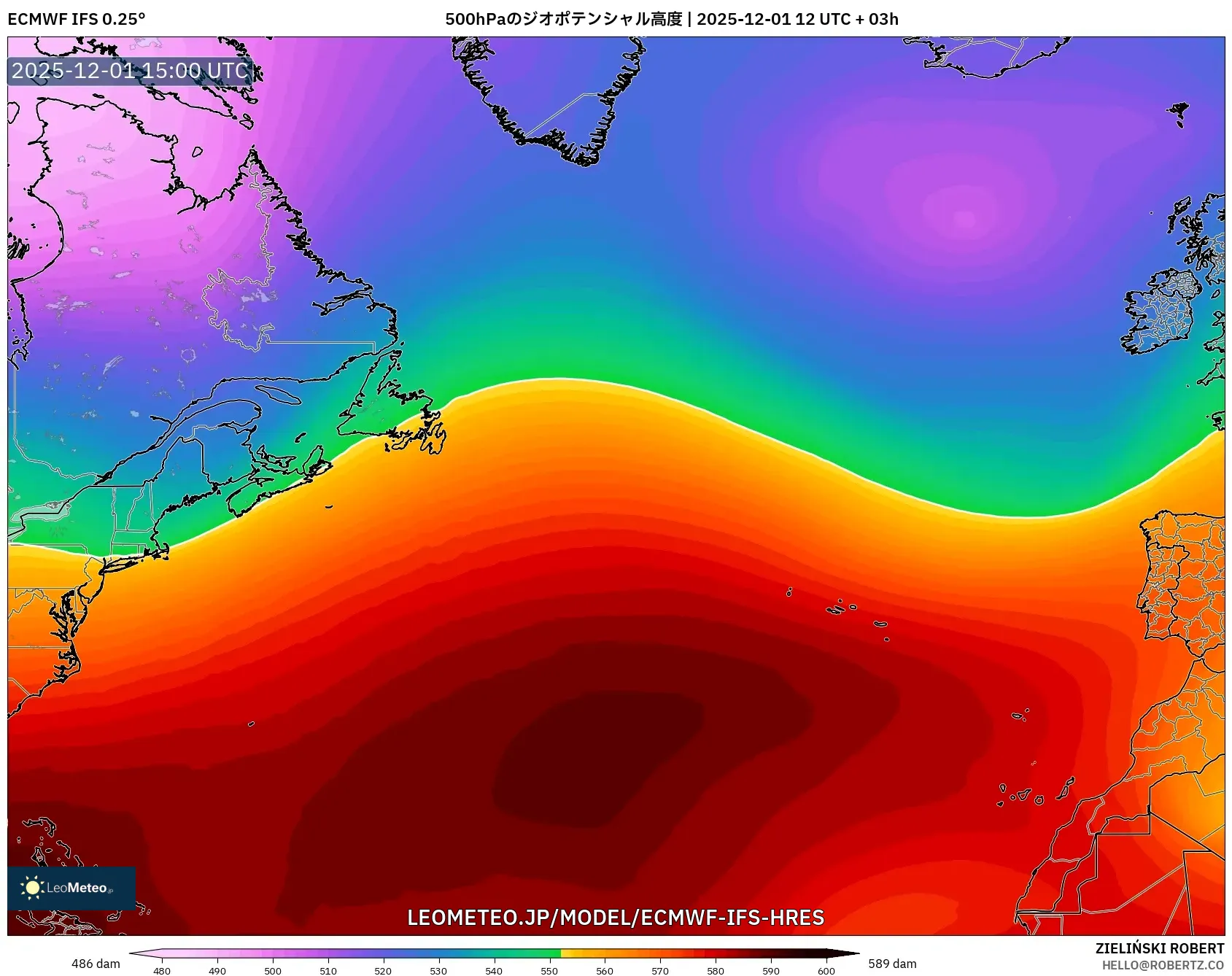 ECMWF IFS 0.25° model - 北大西洋, 500hPaのジオポテンシャル高度